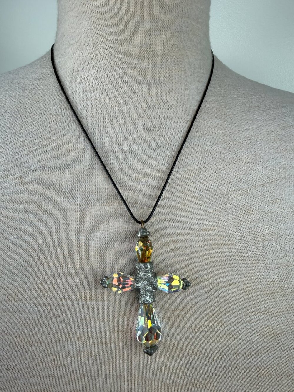 Handmade Heavy AB Crystal Cross Pendant Necklace Prism Black Cord